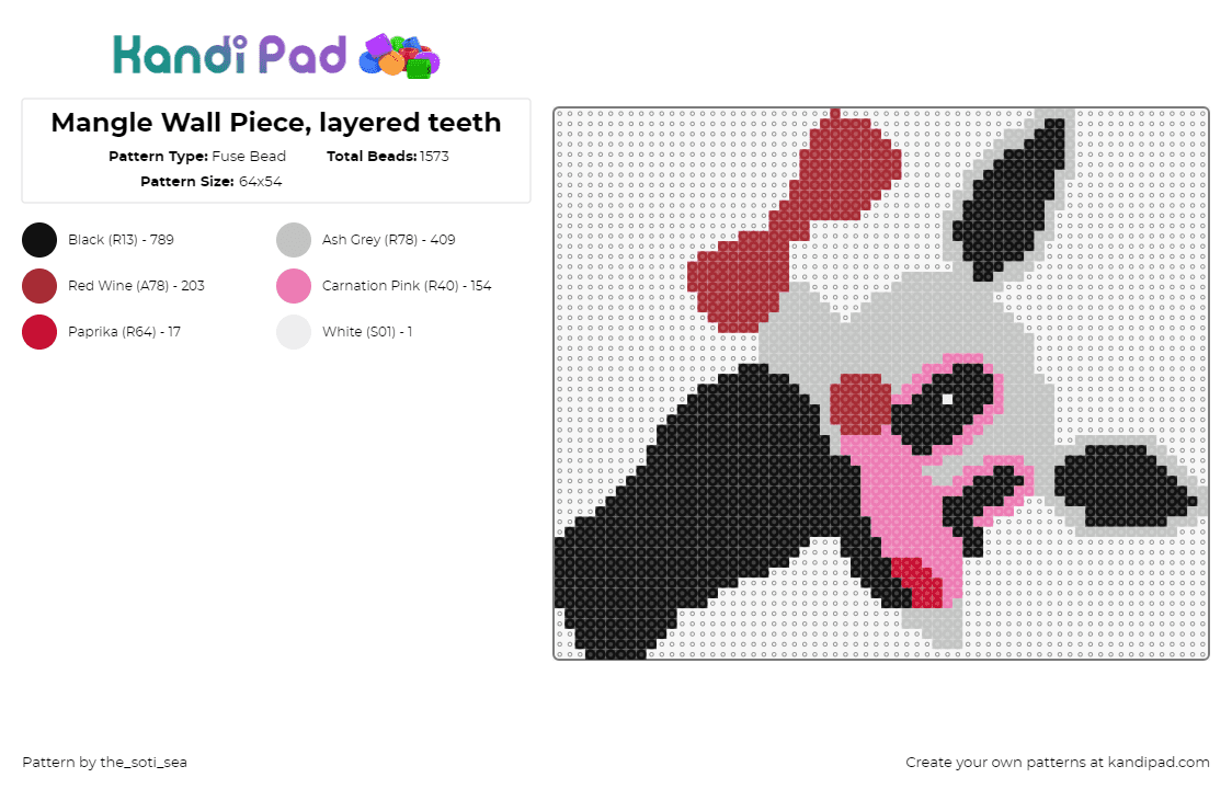 Mangle Wall Piece, layered teeth - Fuse Bead Pattern by the_soti_sea on Kandi Pad - mangle,fnaf,five nights at freddys,character,horror,video game,black,red,pink,gray