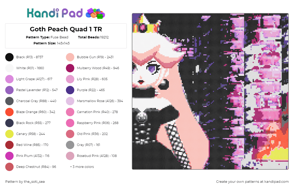 Goth Peach Quad 1 TR - Fuse Bead Pattern by the_soti_sea on Kandi Pad - peach,goth,mario,princess,nintendo,panel,pink,black