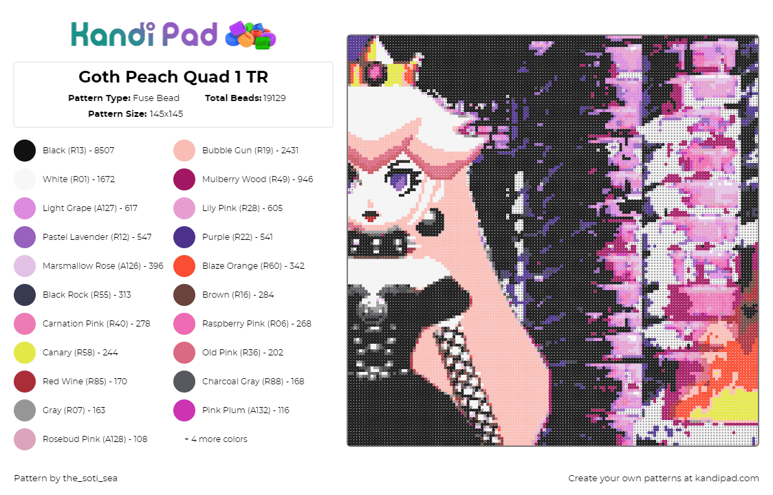 Goth Peach Quad 1 TR - Fuse Bead Pattern by the_soti_sea on Kandi Pad - peach,goth,mario,princess,nintendo,panel,pink,black