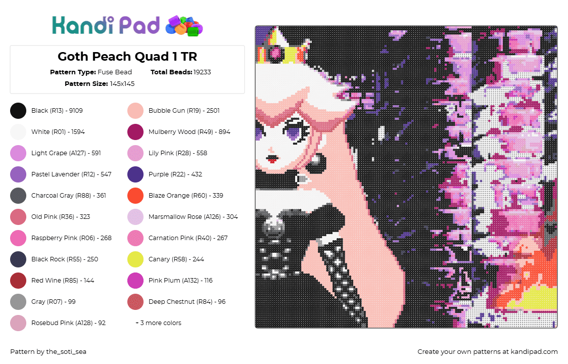 Goth Peach Quad 1 TR - Fuse Bead Pattern by the_soti_sea on Kandi Pad - peach,goth,mario,princess,nintendo,panel,pink,black