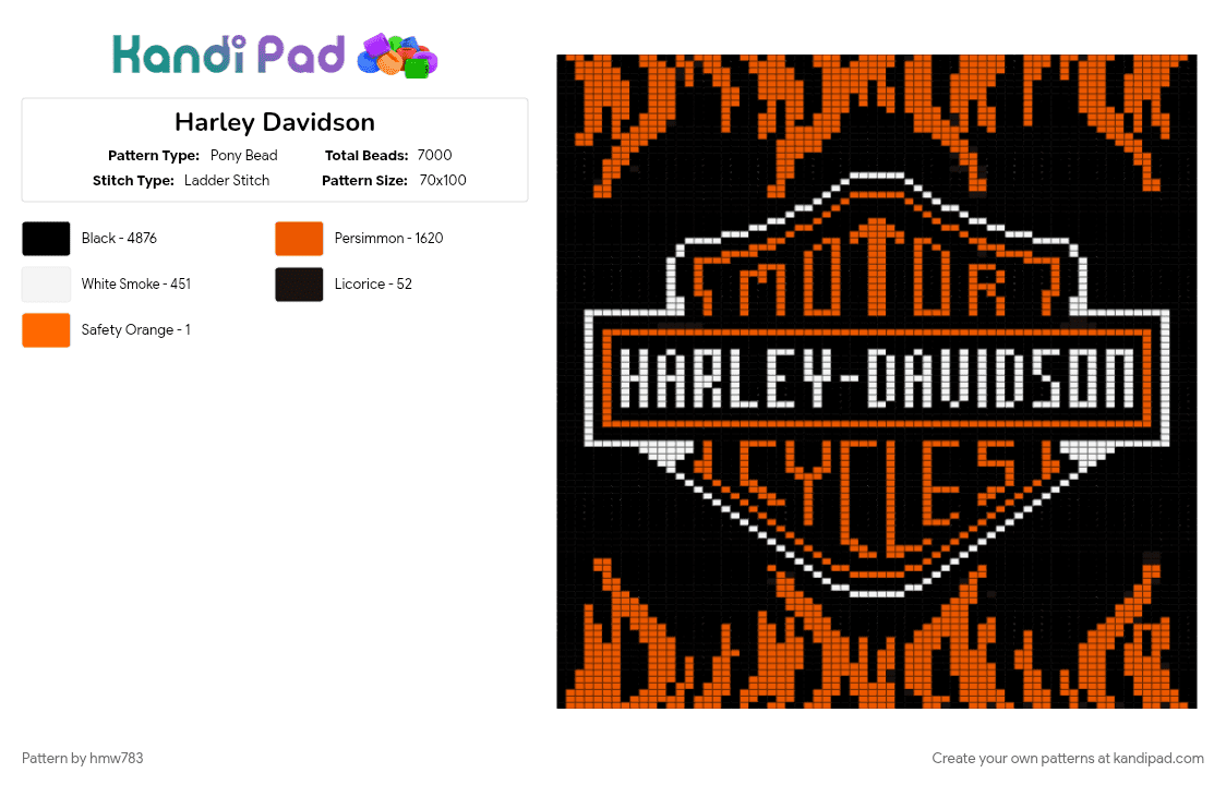 Harley Davidson - Pony Bead Pattern by hmw783 on Kandi Pad - black, orange