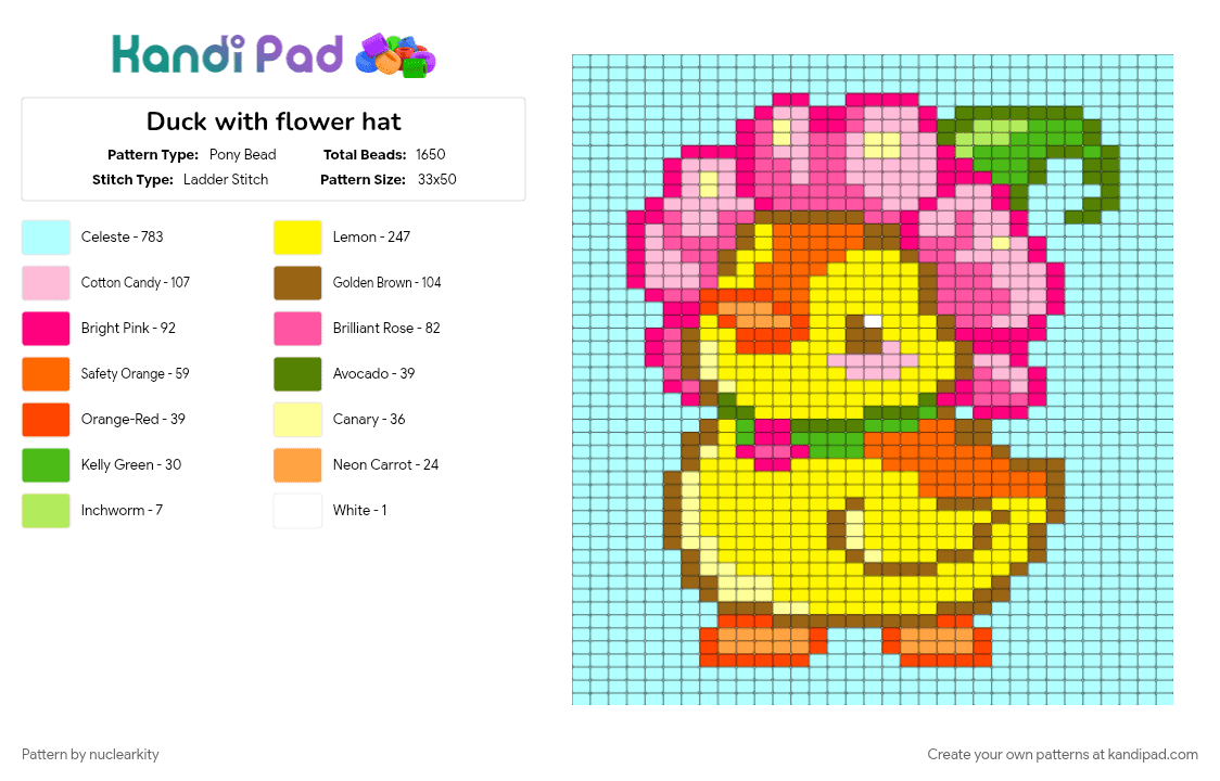 Duck with flower hat - Pony Bead Pattern by nuclearkity on Kandi Pad - animal, animals, cute, duck, flower, light blue, pink, spring, summer, tapestry, yellow