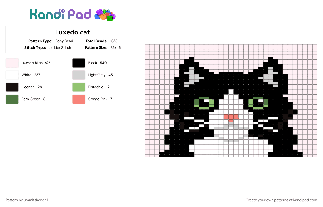 Tuxedo cat - Pony Bead Pattern by ummitskendall on Kandi Pad - green, white