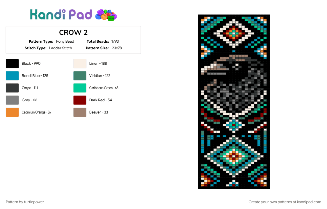 CROW 2 - Pony Bead Pattern by turtlepower on Kandi Pad - black, light blue, teal