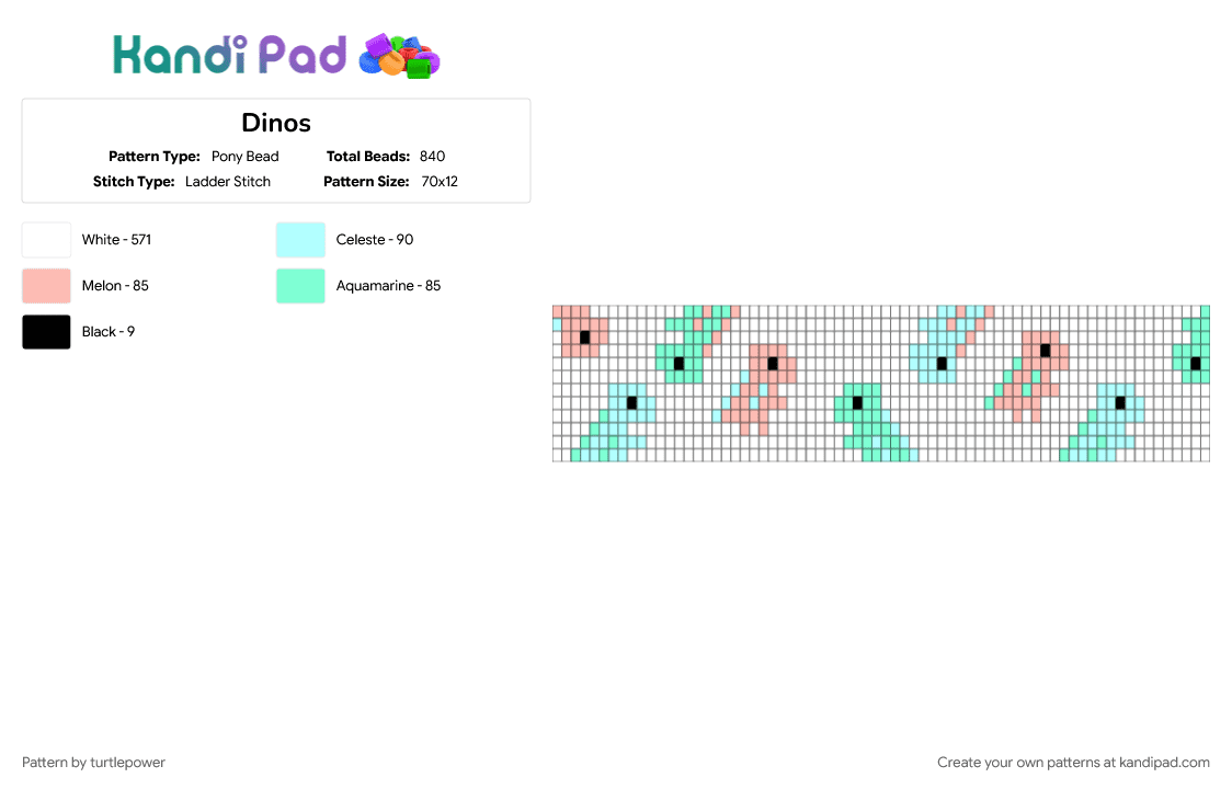 Dinos - Pony Bead Pattern by turtlepower on Kandi Pad - beige, light blue, teal, white