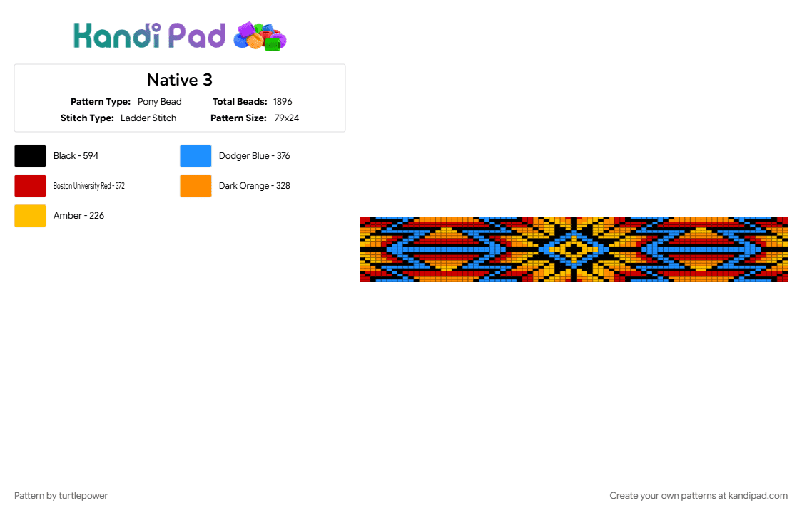 Native 3 - Pony Bead Pattern by turtlepower on Kandi Pad - light blue, orange, red