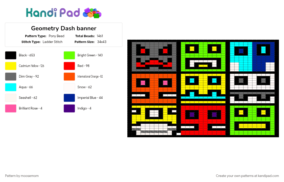 Geometry Dash banner - Pony Bead Pattern by moosemom on Kandi Pad - black, colorful, green, orange, yellow