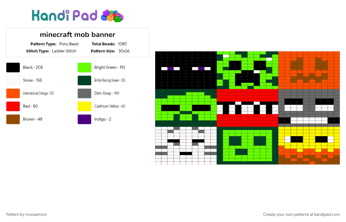 minecraft mob banner - Pony Bead Pattern by moosemom on Kandi Pad - gray, green, orange, red