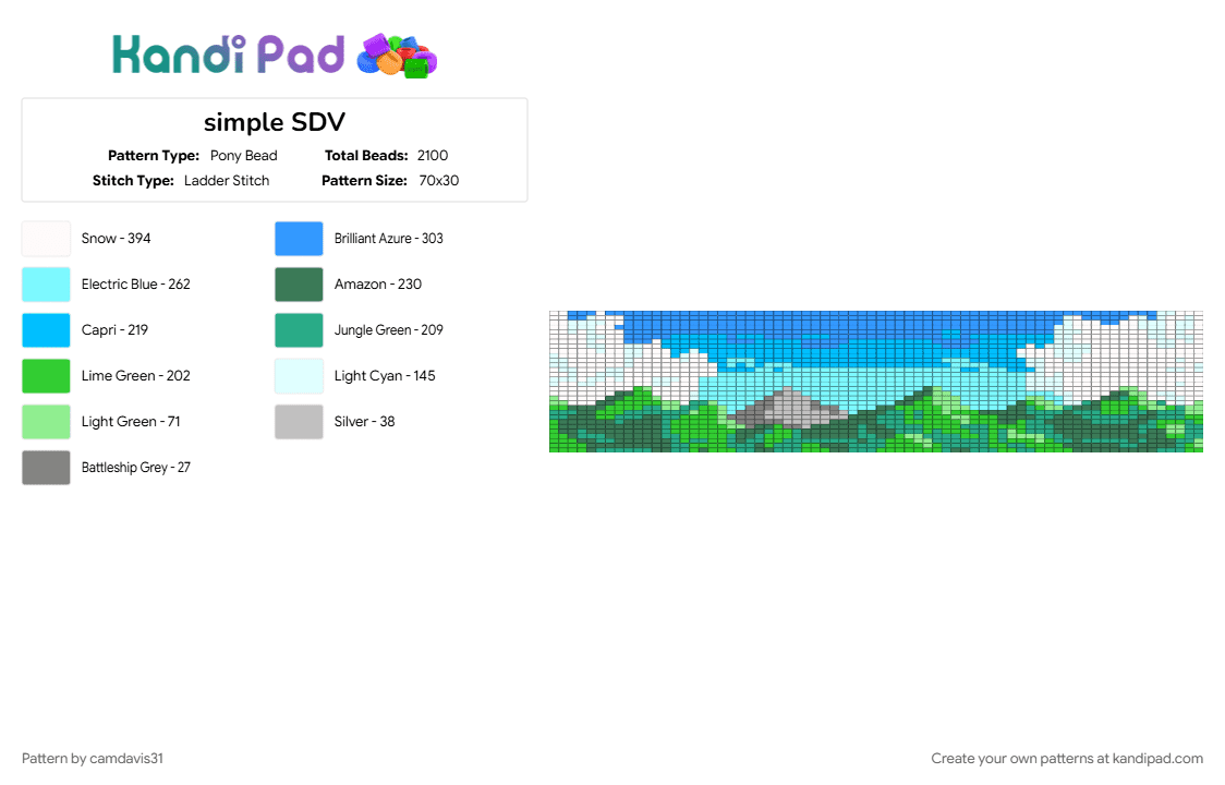 simple SDV - Pony Bead Pattern by camdavis31 on Kandi Pad - light blue, teal