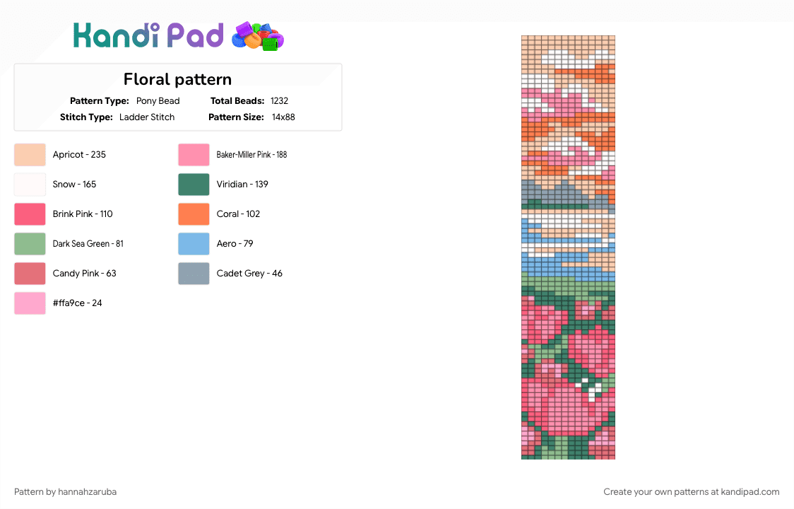 Floral pattern - Pony Bead Pattern by hannahzaruba on Kandi Pad - beige, pink, red, teal