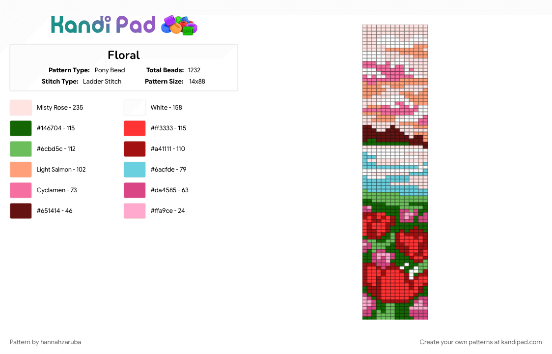 Floral - Pony Bead Pattern by hannahzaruba on Kandi Pad - green, pink, red