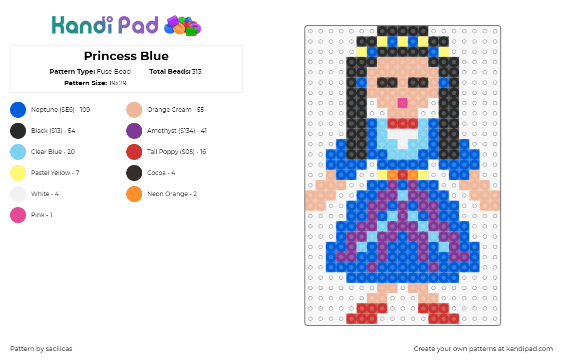 Princess Blue - Fuse Bead Pattern by sacilicas on Kandi Pad - princess,dress,character,blue,black,tan