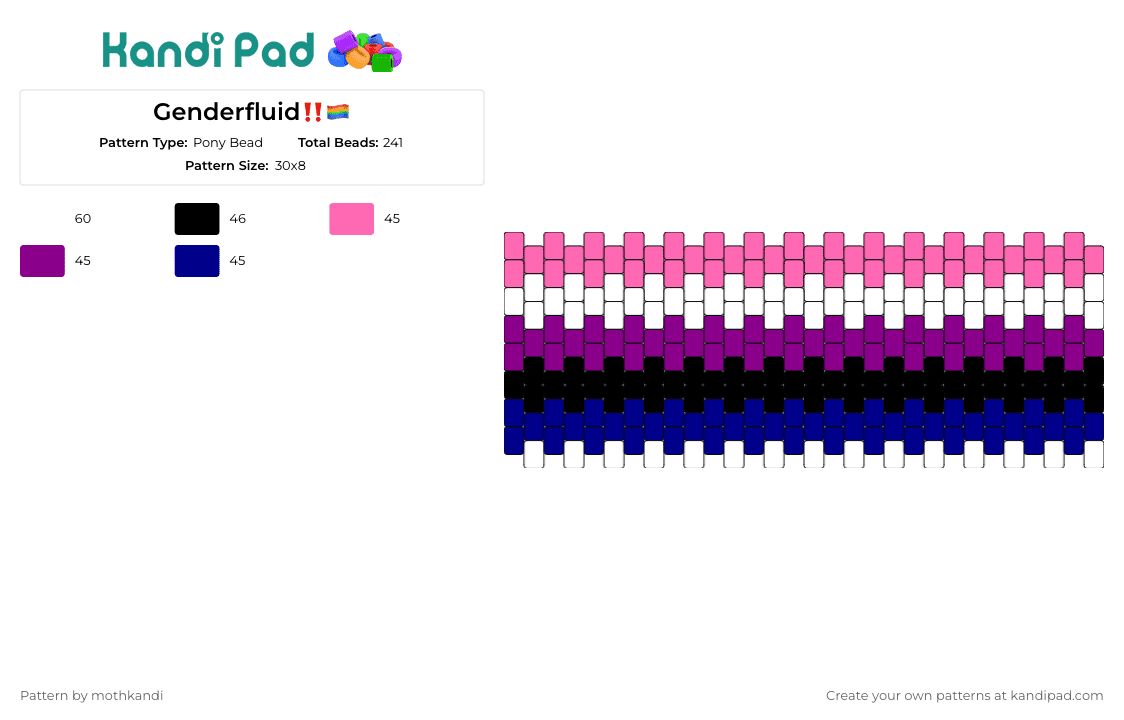 Genderfluid‼️ - Pony Bead Pattern by mothkandi on Kandi Pad - genderfluid,pride,horizontal,stripes,cuff,pink,purple,blue