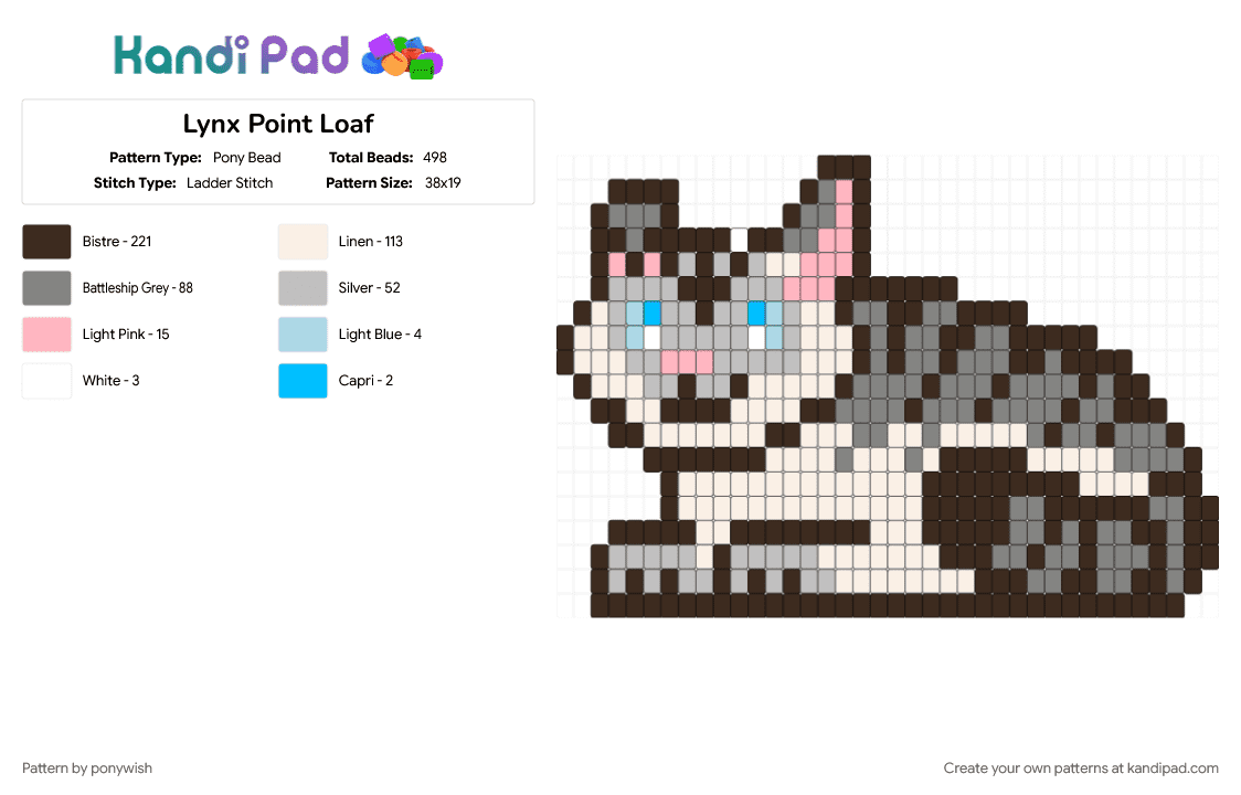 Lynx Point Loaf - Pony Bead Pattern by ponywish on Kandi Pad - animal, brown, cat, cat loaf, gray, ladder stitch, lynx point, siamese, vertical