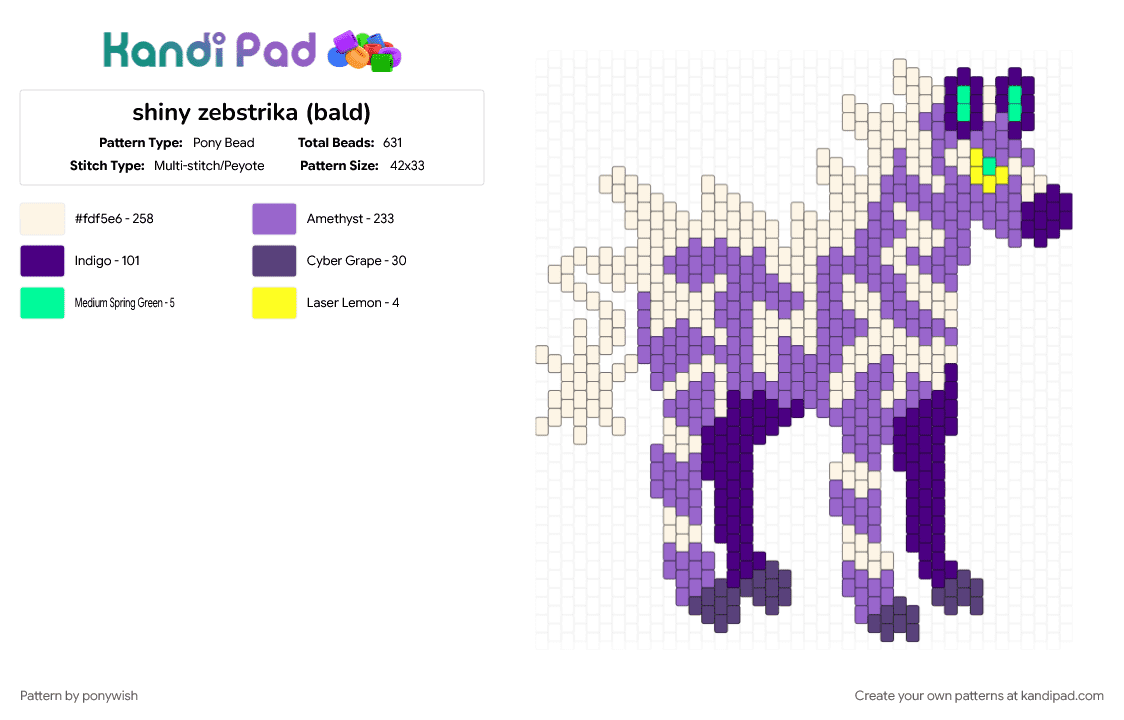 shiny zebstrika (bald) - Pony Bead Pattern by ponywish on Kandi Pad - pokemon, purple, zebra, zebstrika