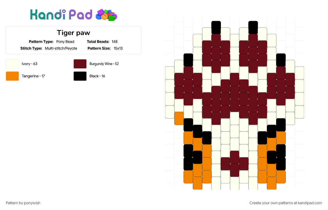 Tiger paw - Pony Bead Pattern by ponywish on Kandi Pad - brown, cat, tiger