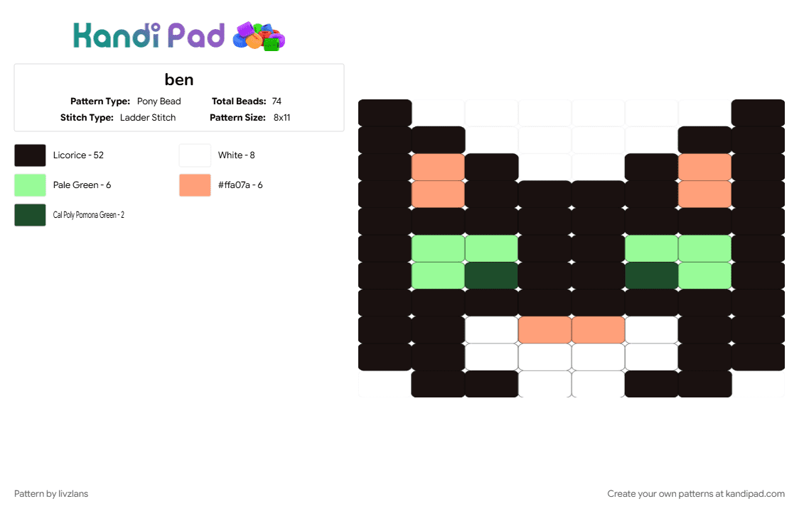 ben - Pony Bead Pattern by livzlans on Kandi Pad - black, orange, teal