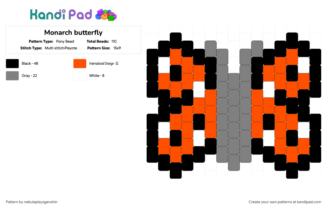 Monarch butterfly - Pony Bead Pattern by nebulaplayzgenshin on Kandi Pad - bug, butterfly, cotdpicnic, gray, insect, orange