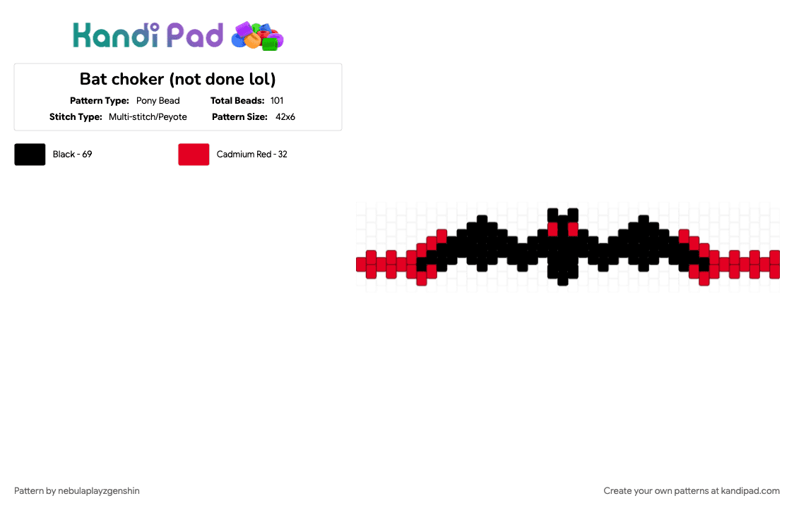 Bat choker - Pony Bead Pattern by nebulaplayzgenshin on Kandi Pad - bat, black, charm, choker, halloween, haloween, red