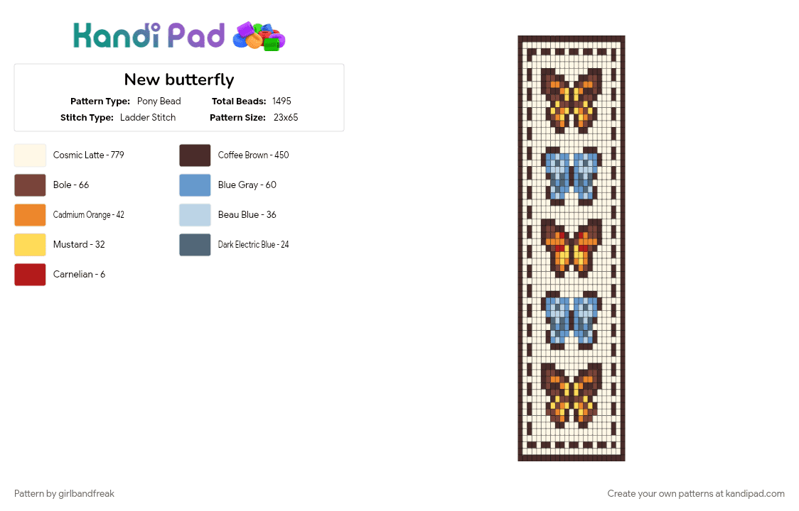 New butterfly - Pony Bead Pattern by girlbandfreak on Kandi Pad - brown, white
