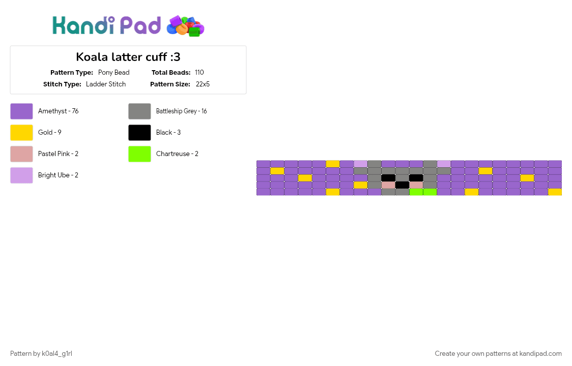 Koala latter cuff :3 - Pony Bead Pattern by k0al4_g1rl on Kandi Pad - purple