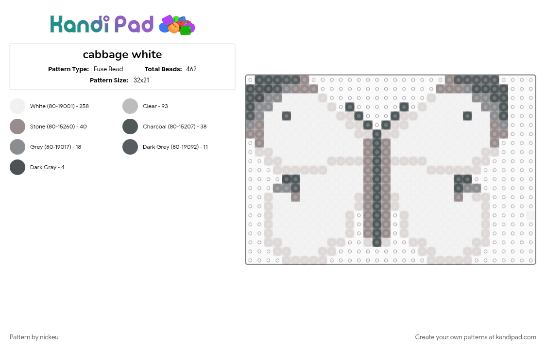 cabbage white - Fuse Bead Pattern by nickeu on Kandi Pad - beige, gray, white