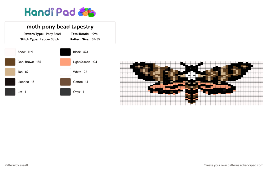 moth pony bead tapestry - Pony Bead Pattern by aseatt on Kandi Pad - brown, white
