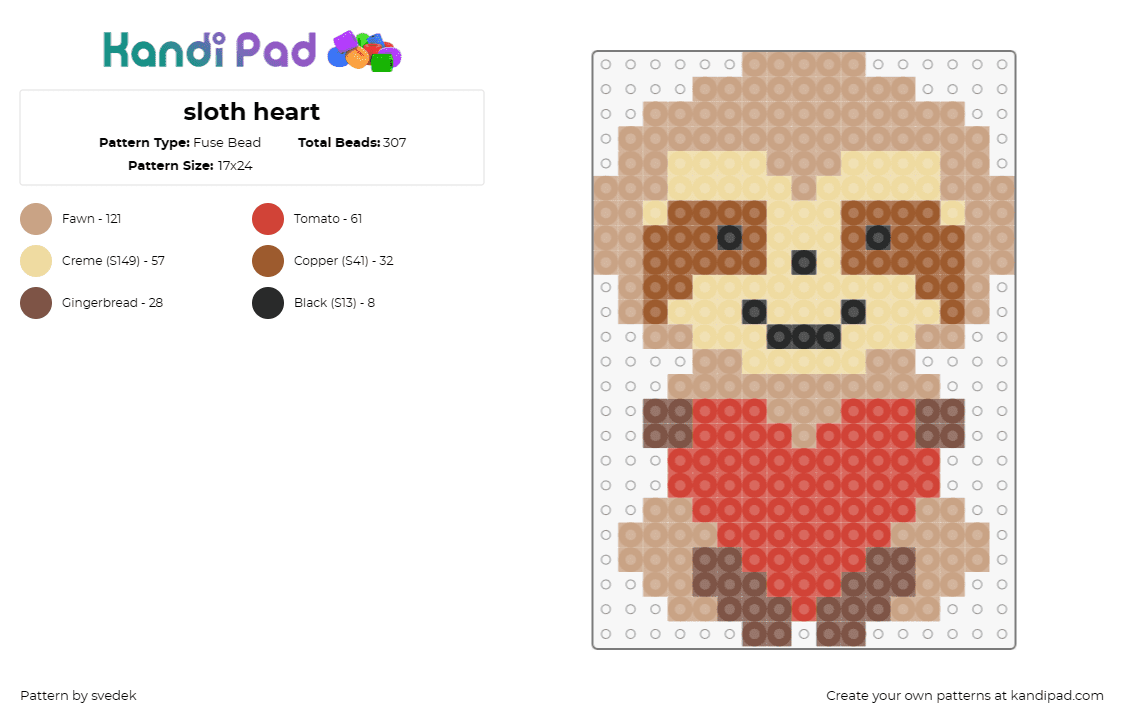 sloth heart - Fuse Bead Pattern by svedek on Kandi Pad - sloth,heart,cute,animal,love,affection,smile,adorable,red,tan