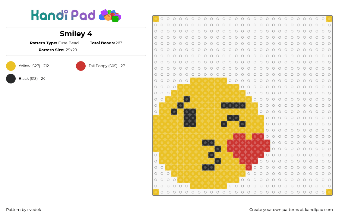 Smiley 4 - Fuse Bead Pattern by svedek on Kandi Pad - emoji,kiss,heart,love,affection,expressive,smiley,yellow