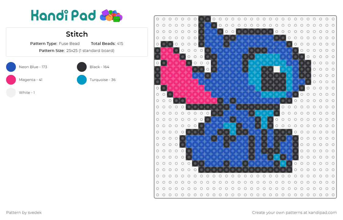 Stitch - Fuse Bead Pattern by svedek on Kandi Pad - stitch,lilo and stitch,heartwarming,disney,adventure,extraterrestrial,charm,personality,fans,blue