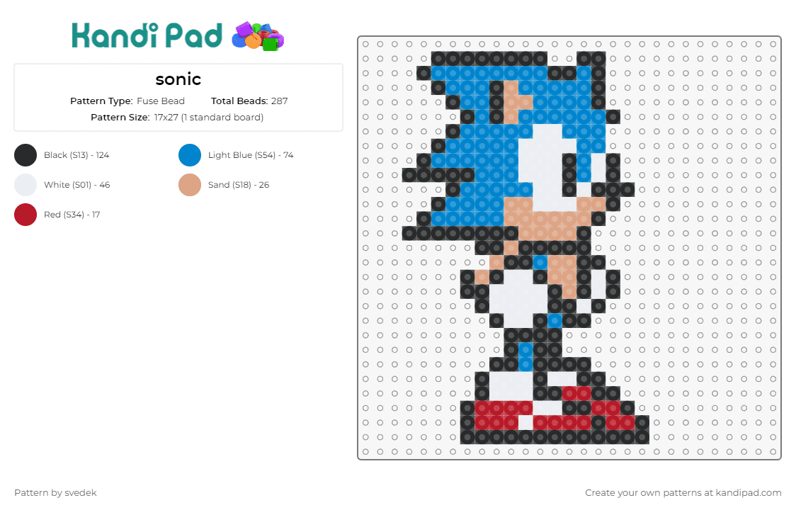 sonic - Fuse Bead Pattern by svedek on Kandi Pad - sonic the hedgehog,sega,blue,speedster,retro,gaming,dynamic,fun,classic,video game character