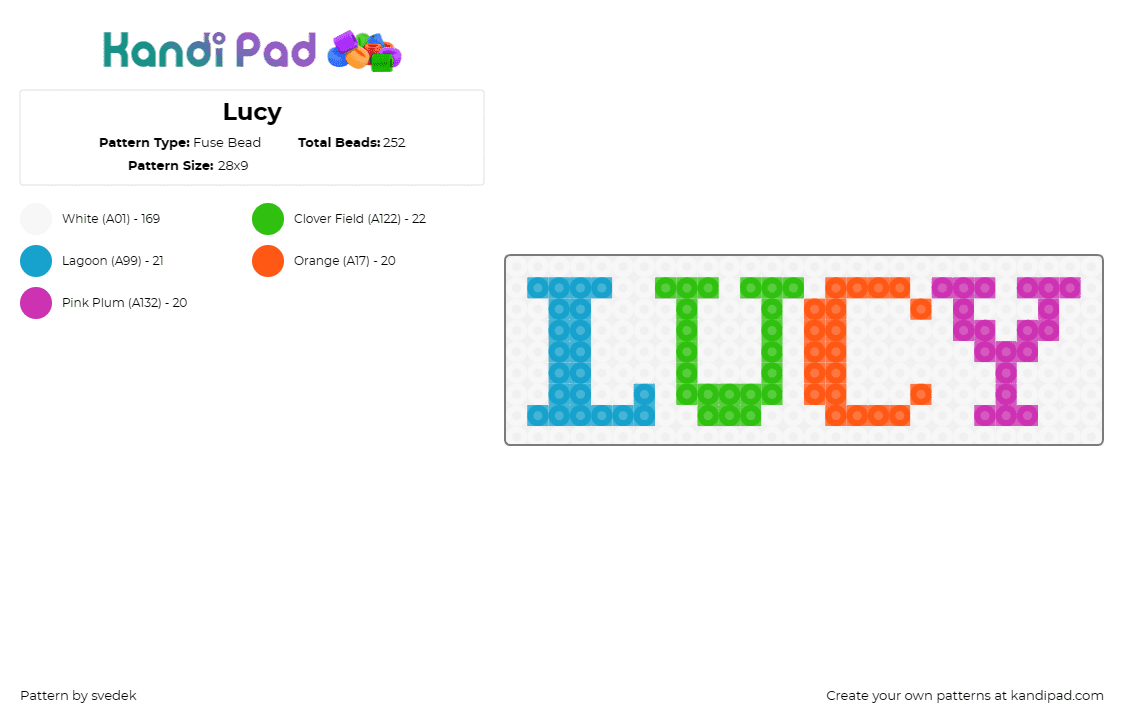 Lucy - Fuse Bead Pattern by svedek on Kandi Pad - lucy,text,personalized,name,lettering,custom,decoration,typography,vibrant