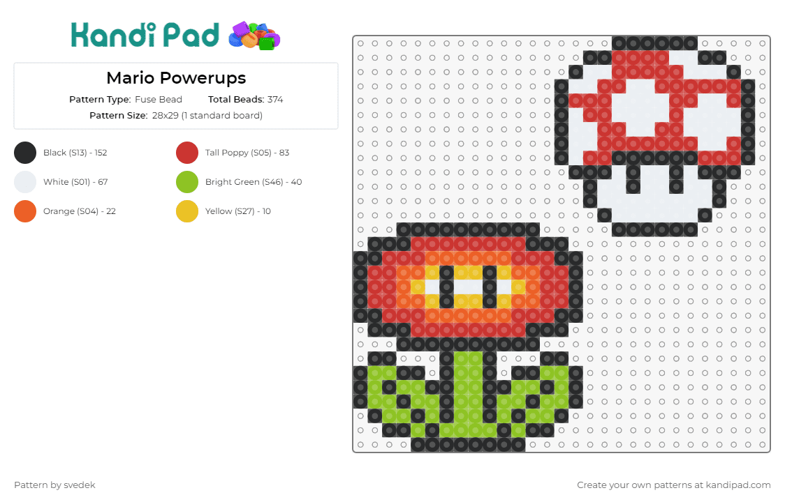 Mario Powerups - Fuse Bead Pattern by svedek on Kandi Pad - mario,nintendo,mushroom,flower,video games