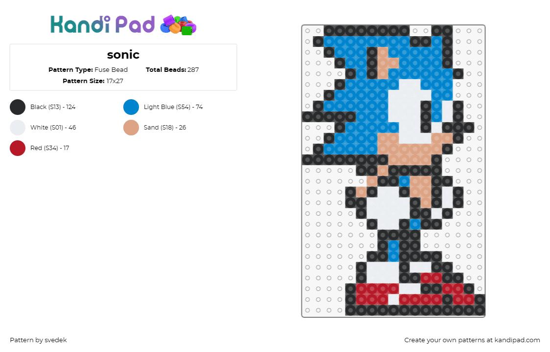 sonic - Fuse Bead Pattern by svedek on Kandi Pad - sonic the hedgehog,sega,blue,speedster,retro,gaming,classic,video game character