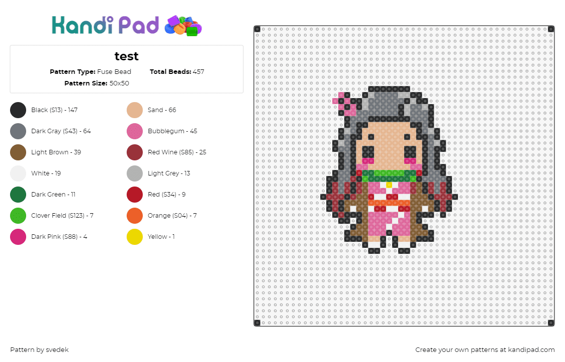 test - Fuse Bead Pattern by svedek on Kandi Pad - nezuko,demon,slayer,character,chibi,anime,tv show,tan,gray,pink