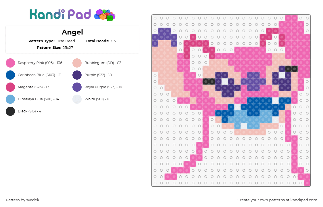 Angel - Fuse Bead Pattern by svedek on Kandi Pad - angel,lilo and stitch,animated,extraterrestrial,whimsical,pink