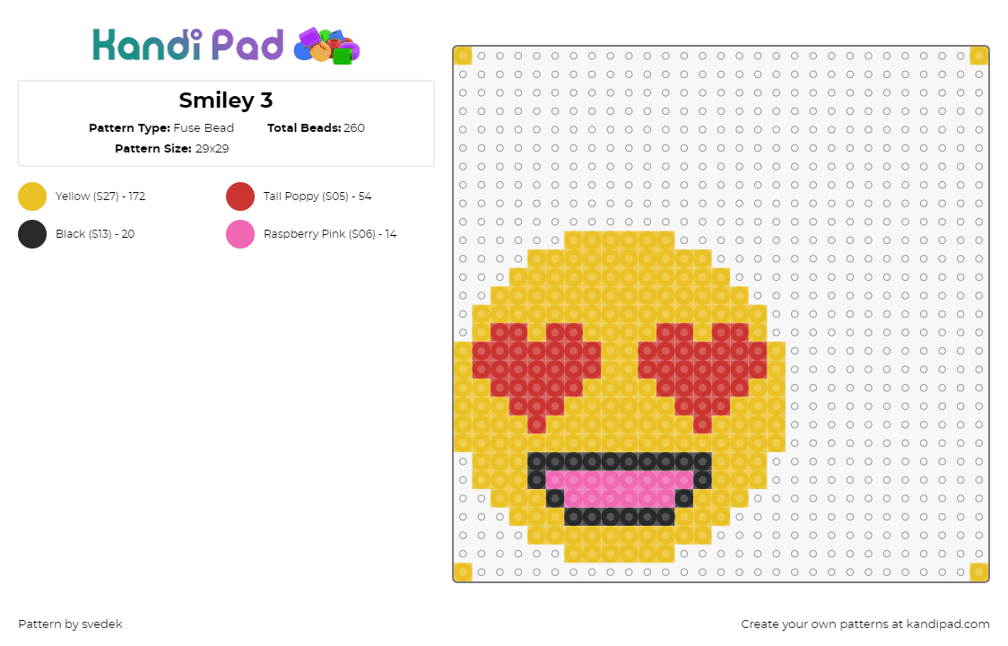 Smiley 3 - Fuse Bead Pattern by svedek on Kandi Pad - emoji,smiley,love,hearts,eyes,yellow,red