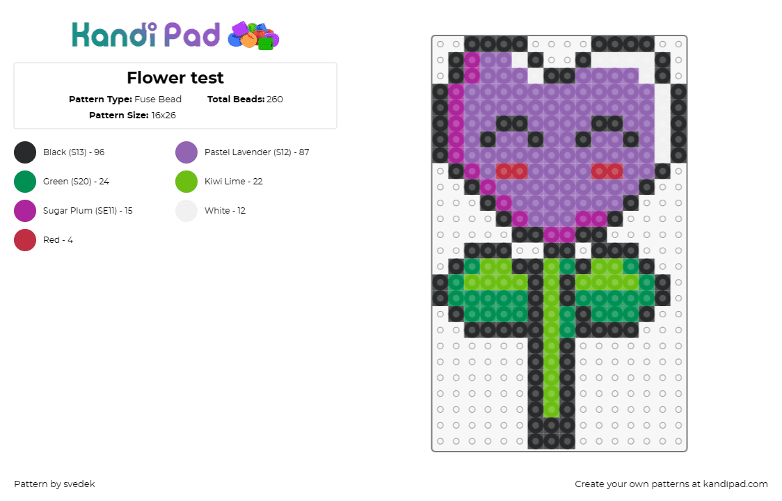 Flower test - Fuse Bead Pattern by svedek on Kandi Pad - flower,heart,bloom,plants,nature,cute,face,purple,green