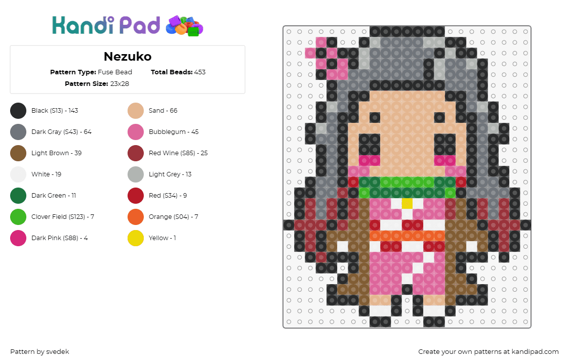 Nezuko - Fuse Bead Pattern by svedek on Kandi Pad - nezuko kamado,demon slayer,character,anime,tv show,pink,tan,gray,brown