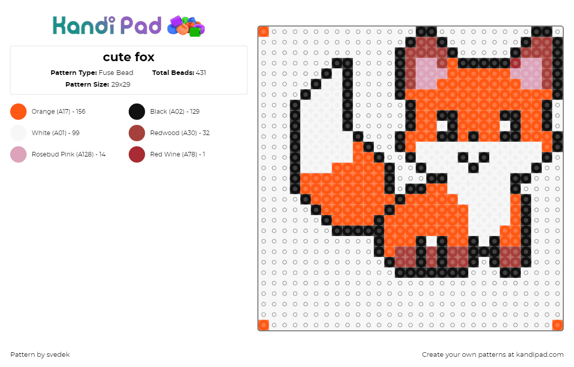 cute fox - Fuse Bead Pattern by svedek on Kandi Pad - fox,animal,cute,woodland,nature,wildlife,orange,white