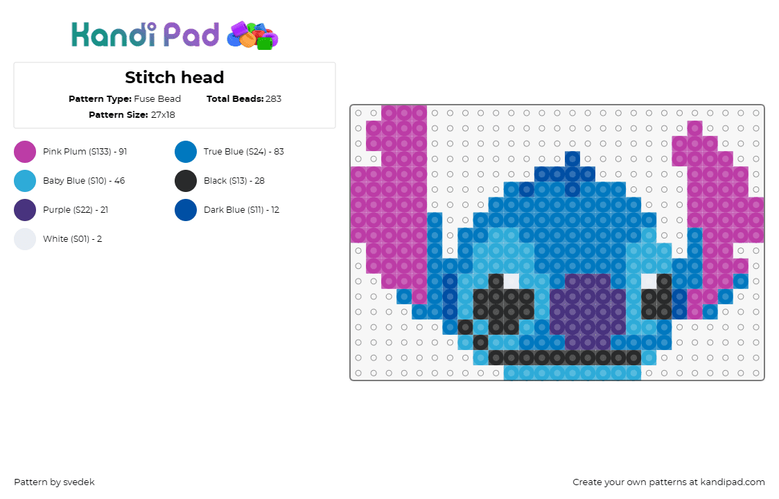 Stitch head - Fuse Bead Pattern by svedek on Kandi Pad - stitch,lilo and stitch,animated,character,blue,classic