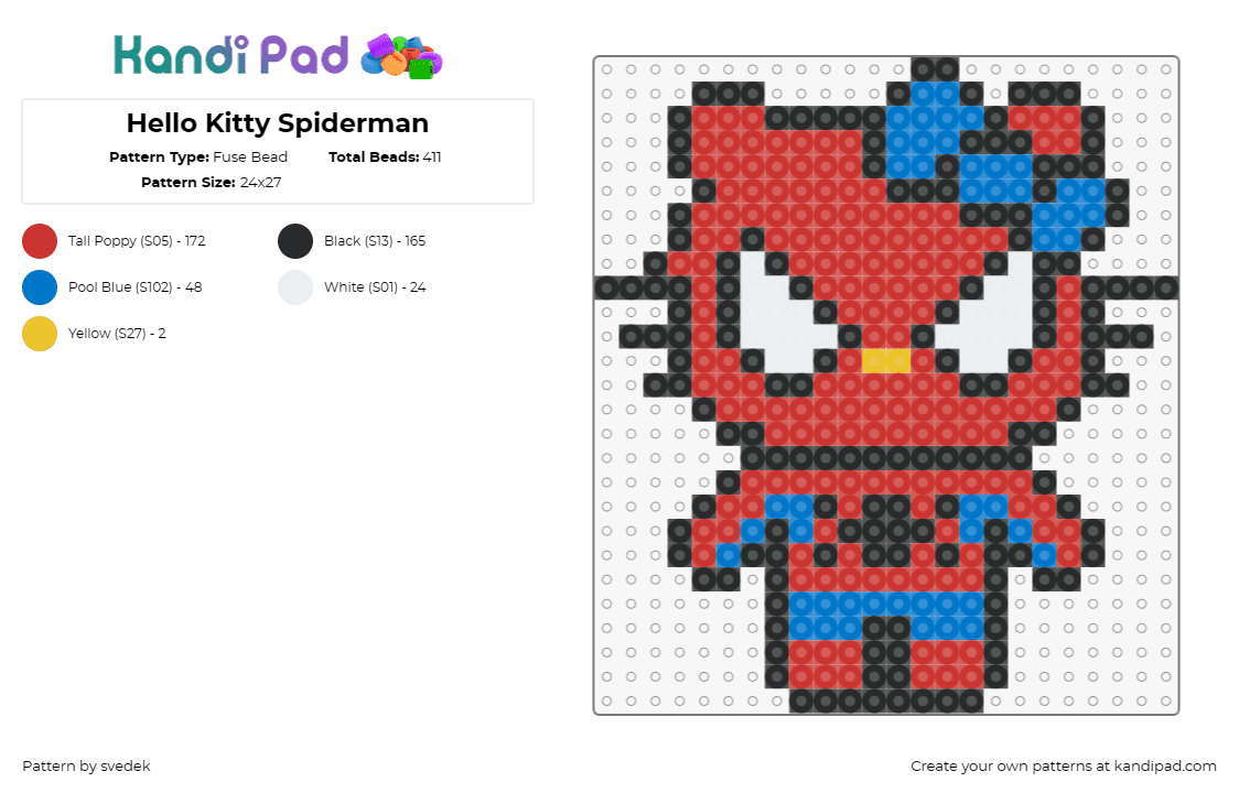 Hello Kitty Spiderman - Fuse Bead Pattern by svedek on Kandi Pad - spiderman,hello kitty,costume,mashup,superhero,marvel,sanrio,character,bow,red,b