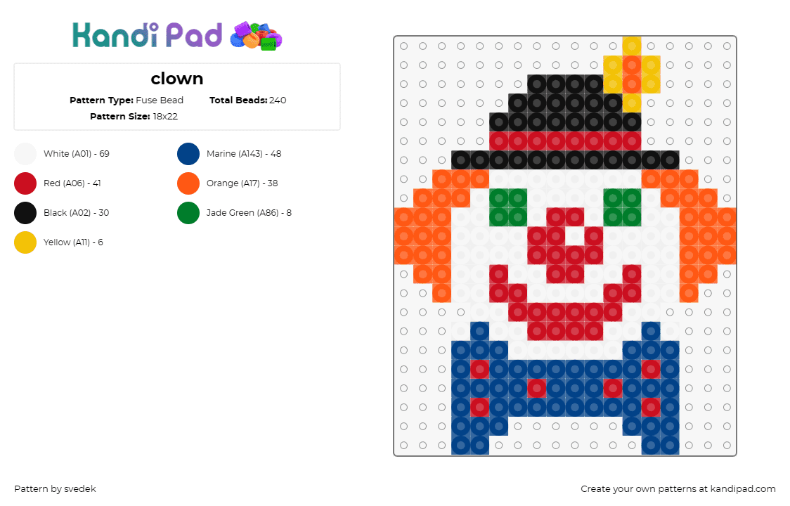 clown - Fuse Bead Pattern by svedek on Kandi Pad - clown,funny,character,smiling,whimsical,playful,amusement,joy,costume,orange,blu