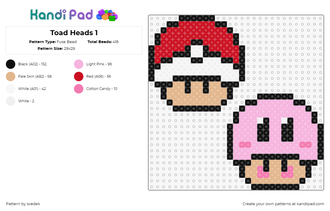 Toad Heads 1 - Fuse Bead Pattern by svedek on Kandi Pad - pokeball,kirby,mario,mushrooms,nintendo,mashup,costume,pokemon,gaming,red,pink,b