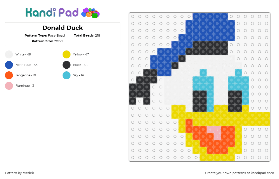 Donald Duck - Fuse Bead Pattern by svedek on Kandi Pad - donald duck,disney,happy,smile,cartoon,classic,character,hat,yellow,white,blue