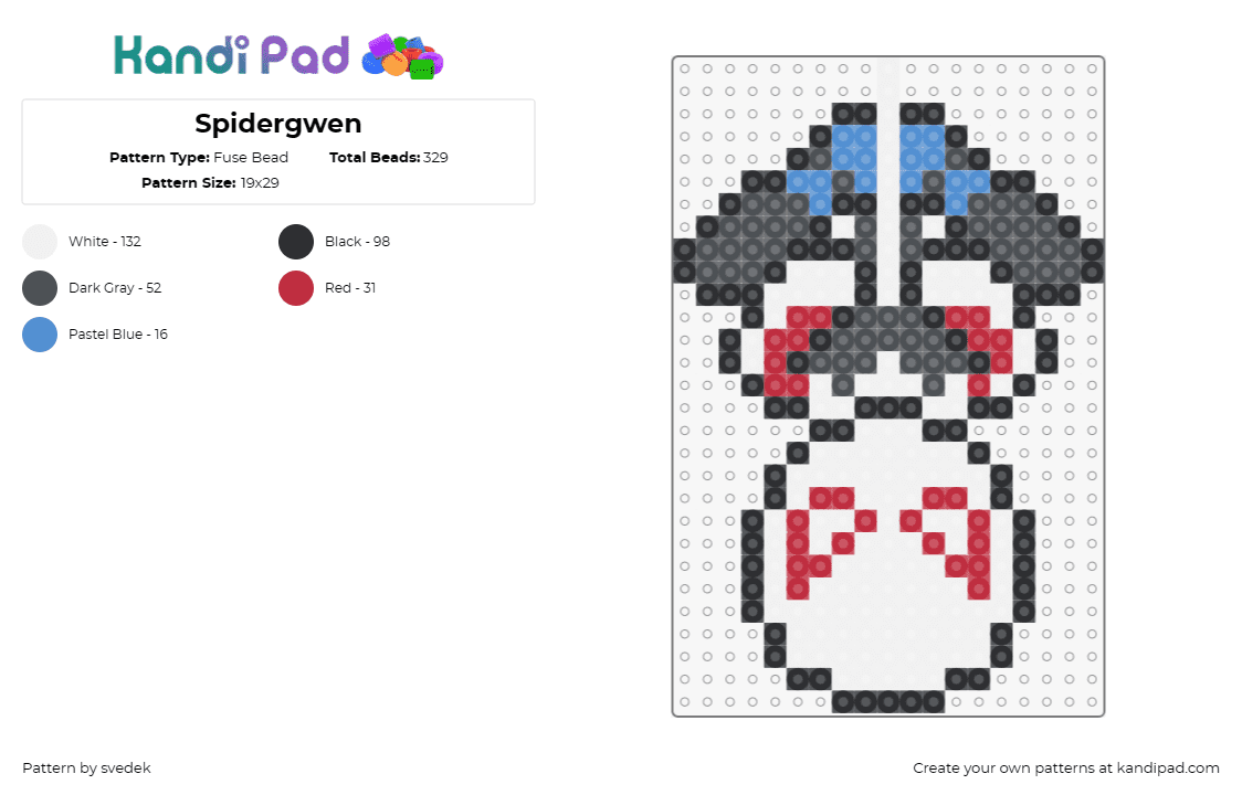 Spidergwen - Fuse Bead Pattern by svedek on Kandi Pad - spidergwen,spiderman,superhero,marvel,comic,character,web,white