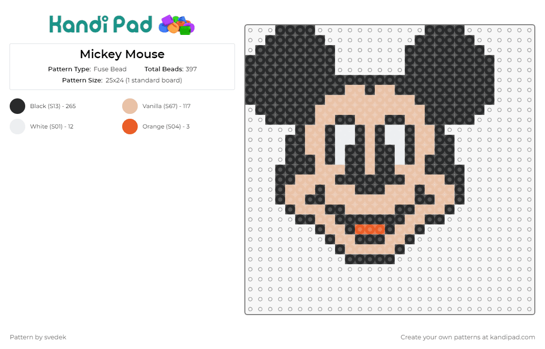 Mickey Mouse - Fuse Bead Pattern by svedek on Kandi Pad - mickey mouse,disney,cartoon