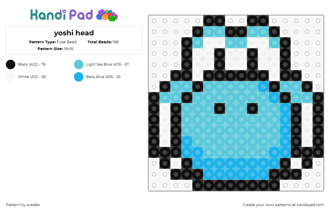 yoshi head - Fuse Bead Pattern by svedek on Kandi Pad - yoshi,nintendo,mario,video game,character,dinosaur,blue,light blue