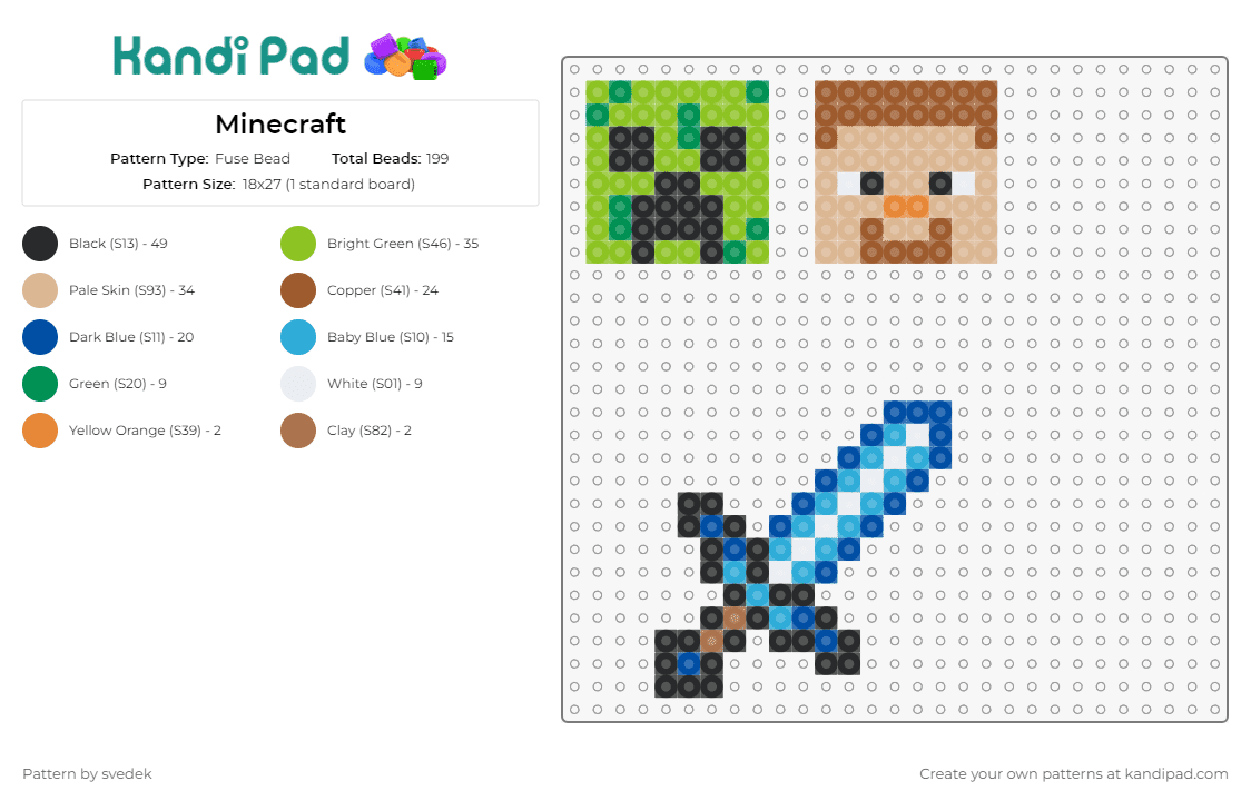 Minecraft - Fuse Bead Pattern by svedek on Kandi Pad - steve,creeper,minecraft,sword,video game,green,blue,tan