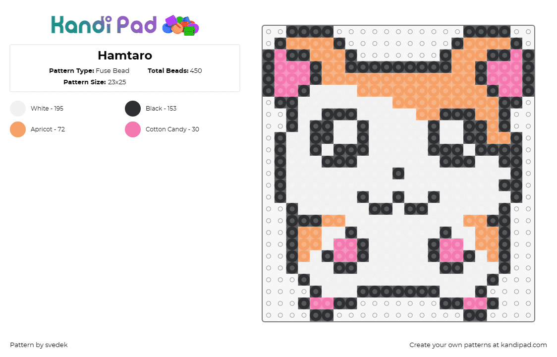 Hamtaro - Fuse Bead Pattern by svedek on Kandi Pad - hamtaro,hamster,animal,cute,character,rodent,white,orange,pink